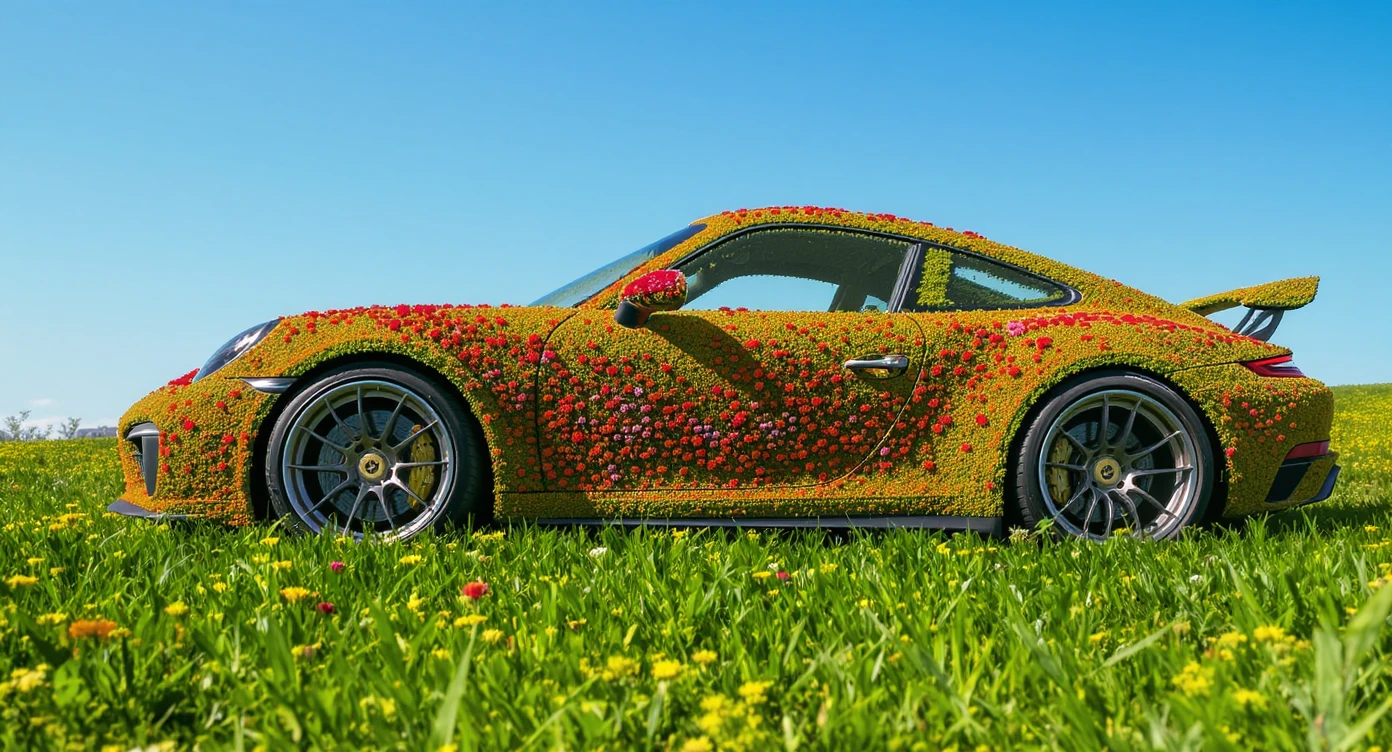 Closeup shot of a porsche 911, body of car made of grass and big colorfull flowers, green hill grass, blue clear sky, dutch angle, captured by ARRI 65 emoji