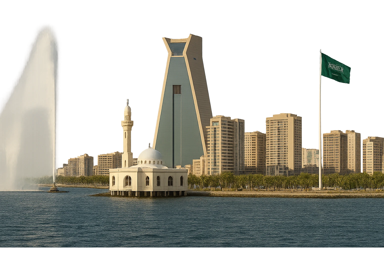 cinematic, realistic emoji of Jeddah, wide city view with real, completed buildings including King Fahd Fountain, National Commercial Bank Tower, Jeddah Corniche Mosque, and Jeddah Flagpole, lifelike detail, accurate colors, bright daytime lighting, fully transparent background with no sky and no clouds, exclude unbuilt Jeddah Tower emoji