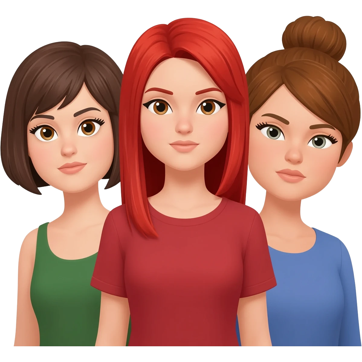Trois femme (troupe) une brune cheveux au carré, une rousse cheveux longs et raides, une châtain avec un chignon emoji