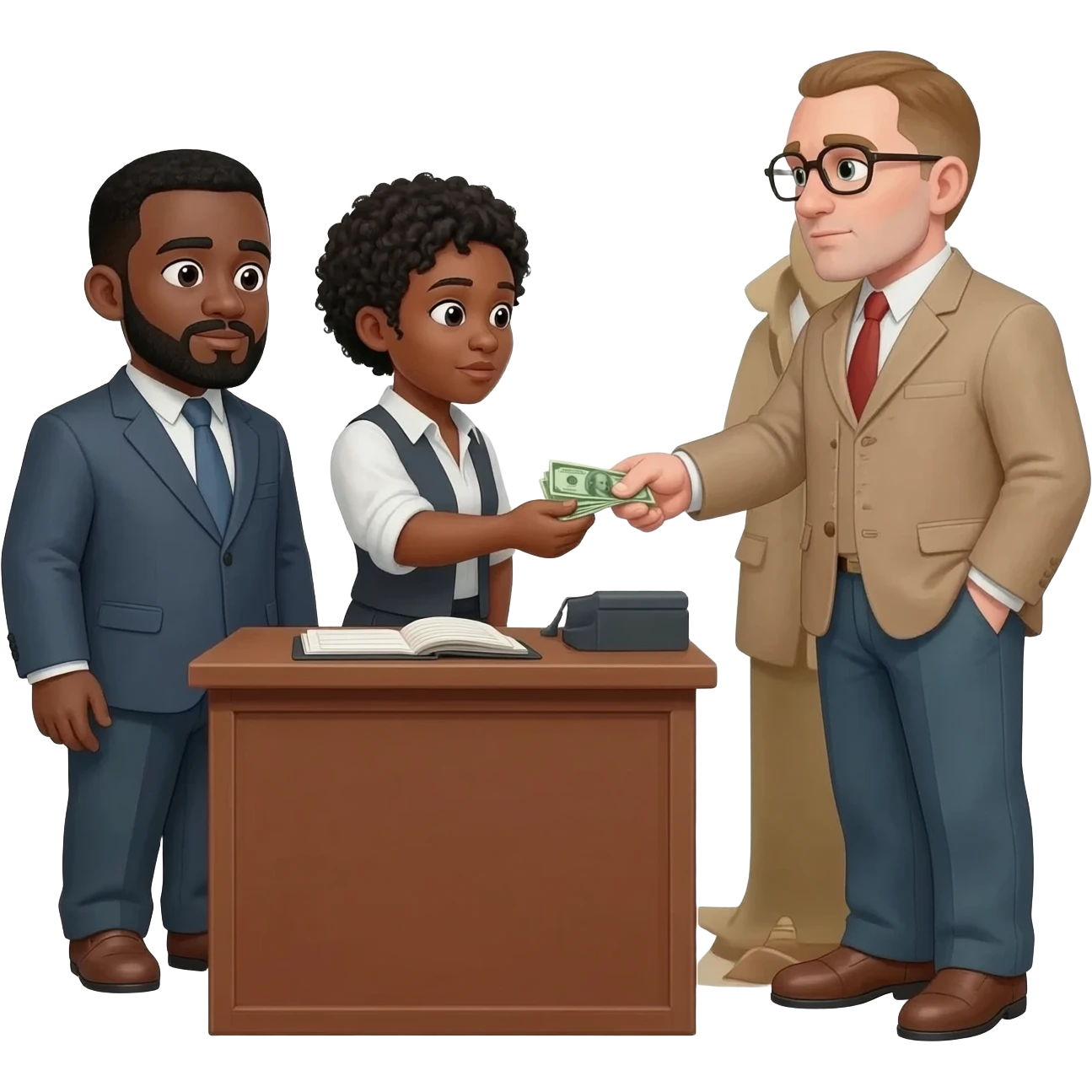 tres personas pagando renta solo hombres uno mereno y dos blanco emoji