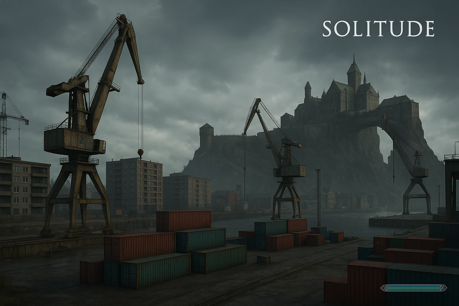 a screenshot of the game DayZ videogame, the city of "solitude" as seen in skyrim, modern evolution, industrial harbor at apartment blocks emoji