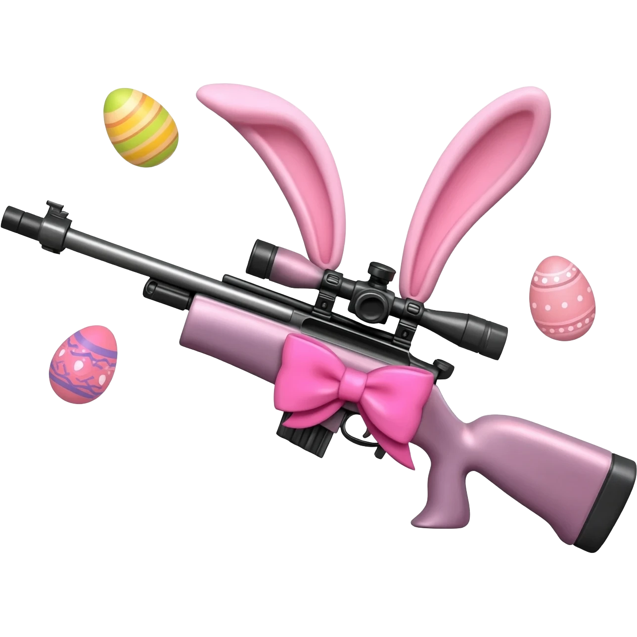 easter theme sniper rifle like with bunny ears and eggs and pink and a tie bow emoji