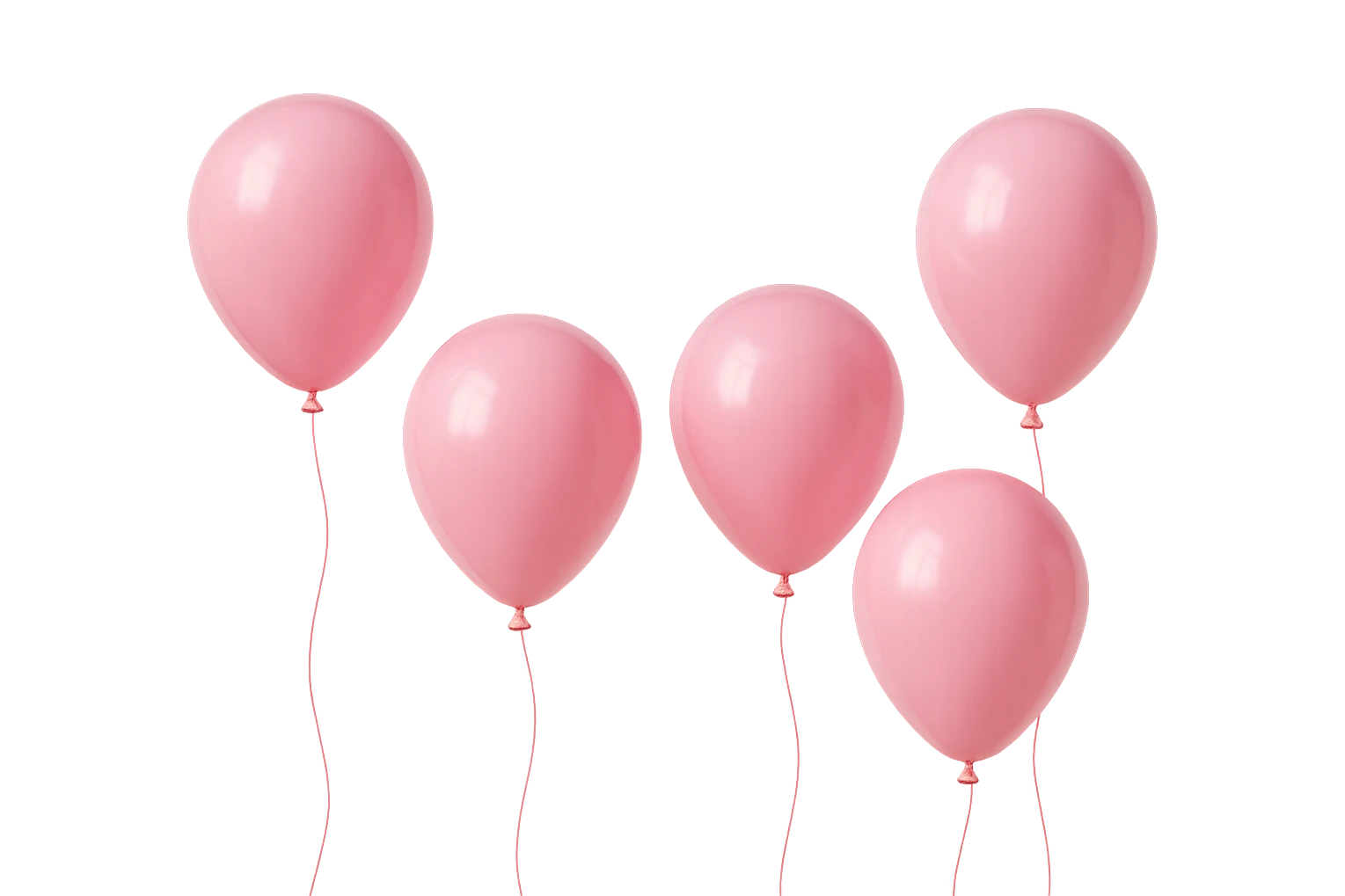 5 palloncini rosa fluttuano in aria isolati su sfondo bianco, iperrealistico 4k emoji