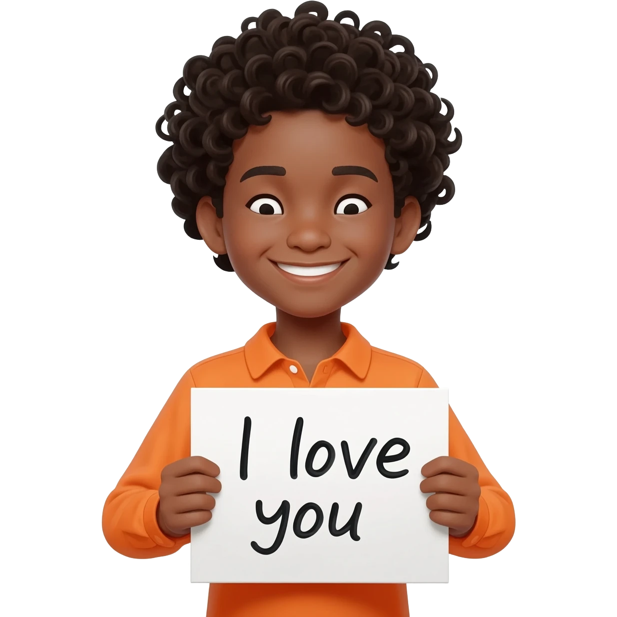 black boy curly hair orange shirt saying I love you emoji