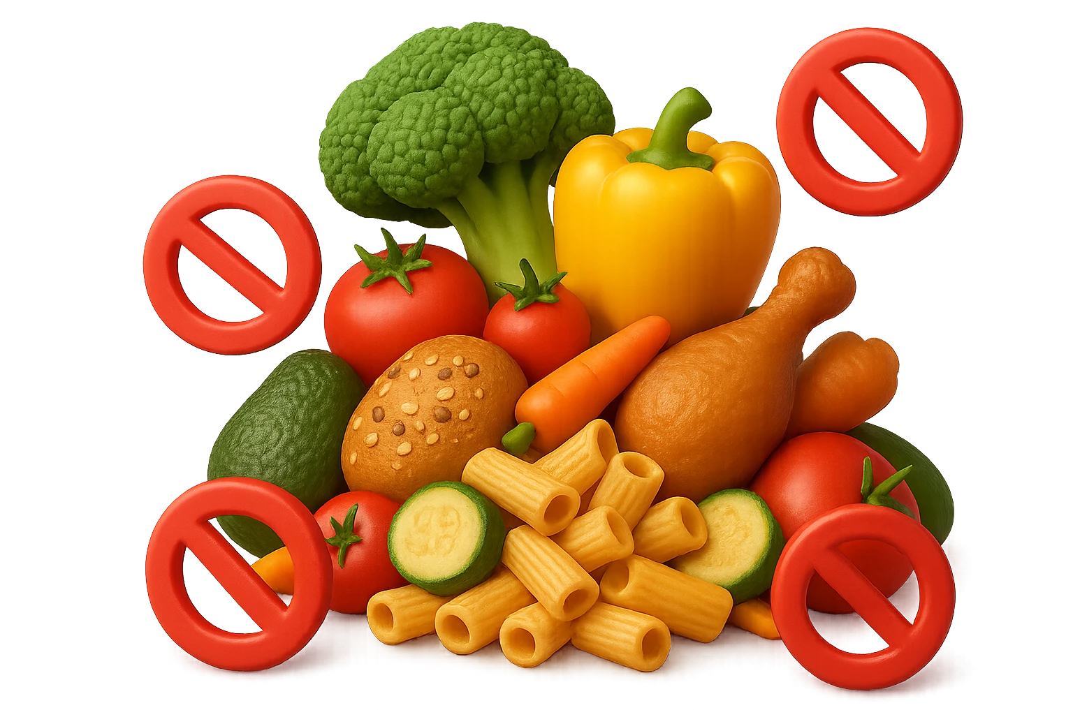 EMOJI STILE IPHONE DI UNa montagna di cibo sano tipo broccoli, pomodori, pasta ecc con divieti 3d sparsi, IPERREALISTICO 4K emoji