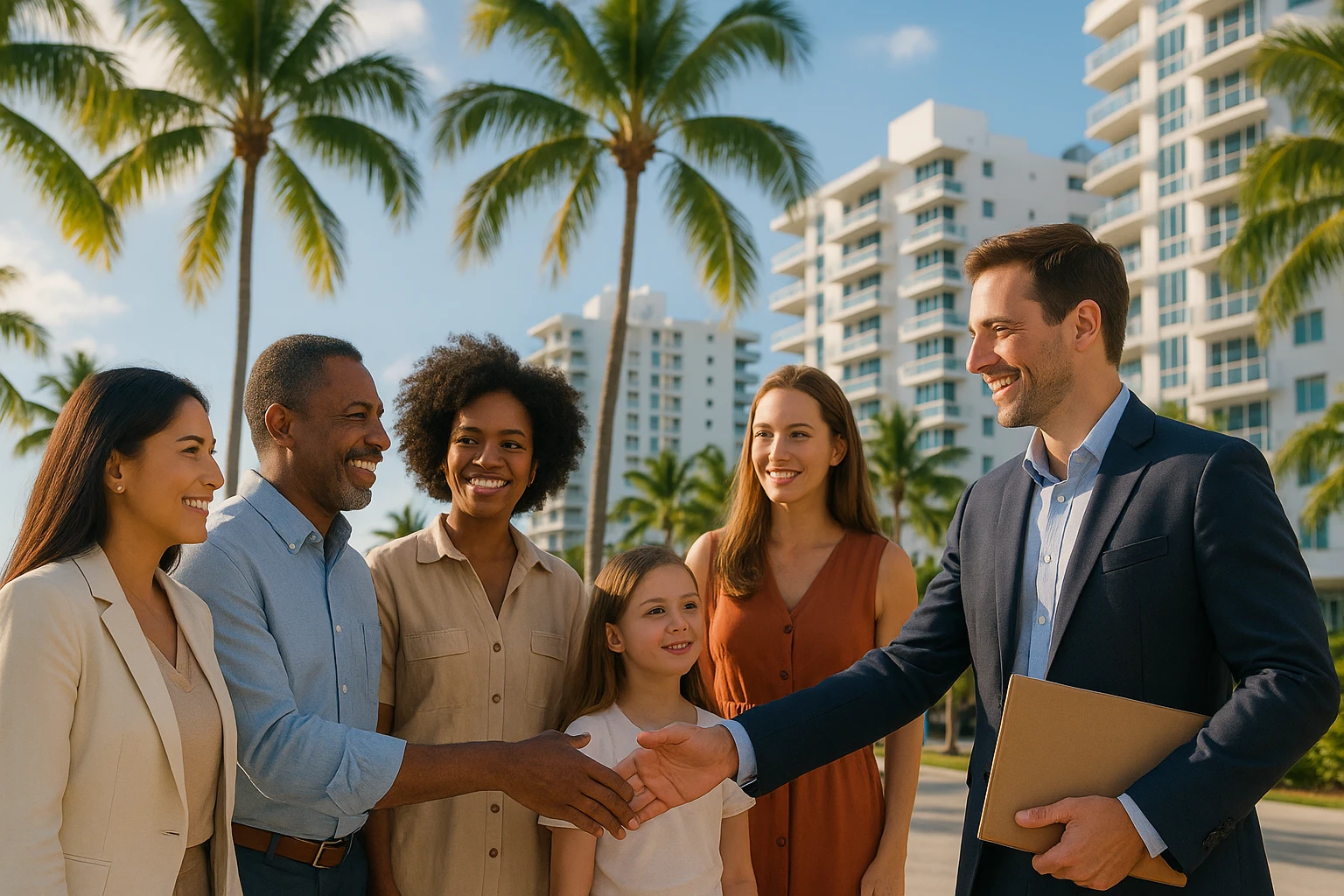 Foto hiper realista que refleje a nuestro cliente ideal de real estate: Profesionales y familias en transición Que desean mudarse a Miami o adquirir una segunda residencia, guiados por un equipo que habla su idioma —literal y figurativamente. emoji