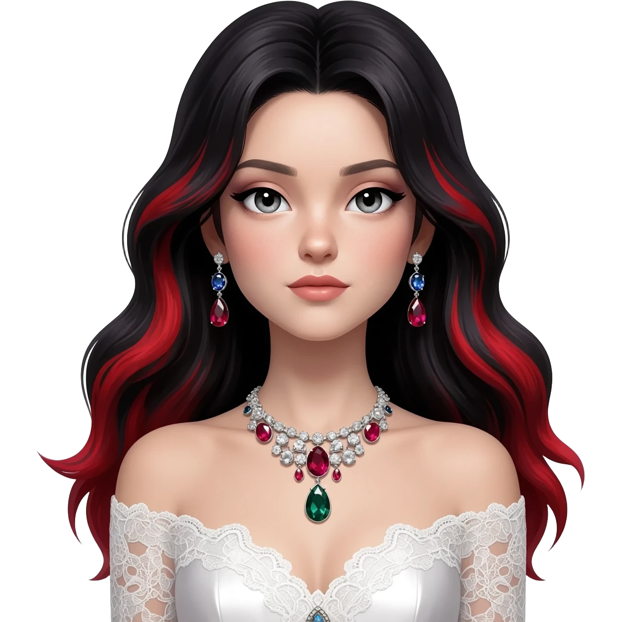 Beautiful shiny ethereal Gorgeous Anime Lady with dark hair and red hair streaks with a beautiful white silky lace dress and rubies and onyx gems  emoji