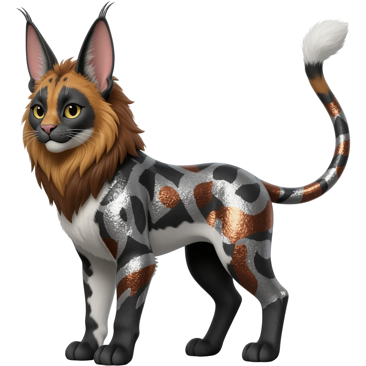 Realistic patterned marked edgy greyish blackish whitish silvery coppery Shiny Colorful Glossy Genet-Caracal-Lion-Bunny-Bobcat-fusion-animal-hybrid-creature, full body, big-tufted-bat-ears, long-thin-tufted-white-tipped-tail emoji