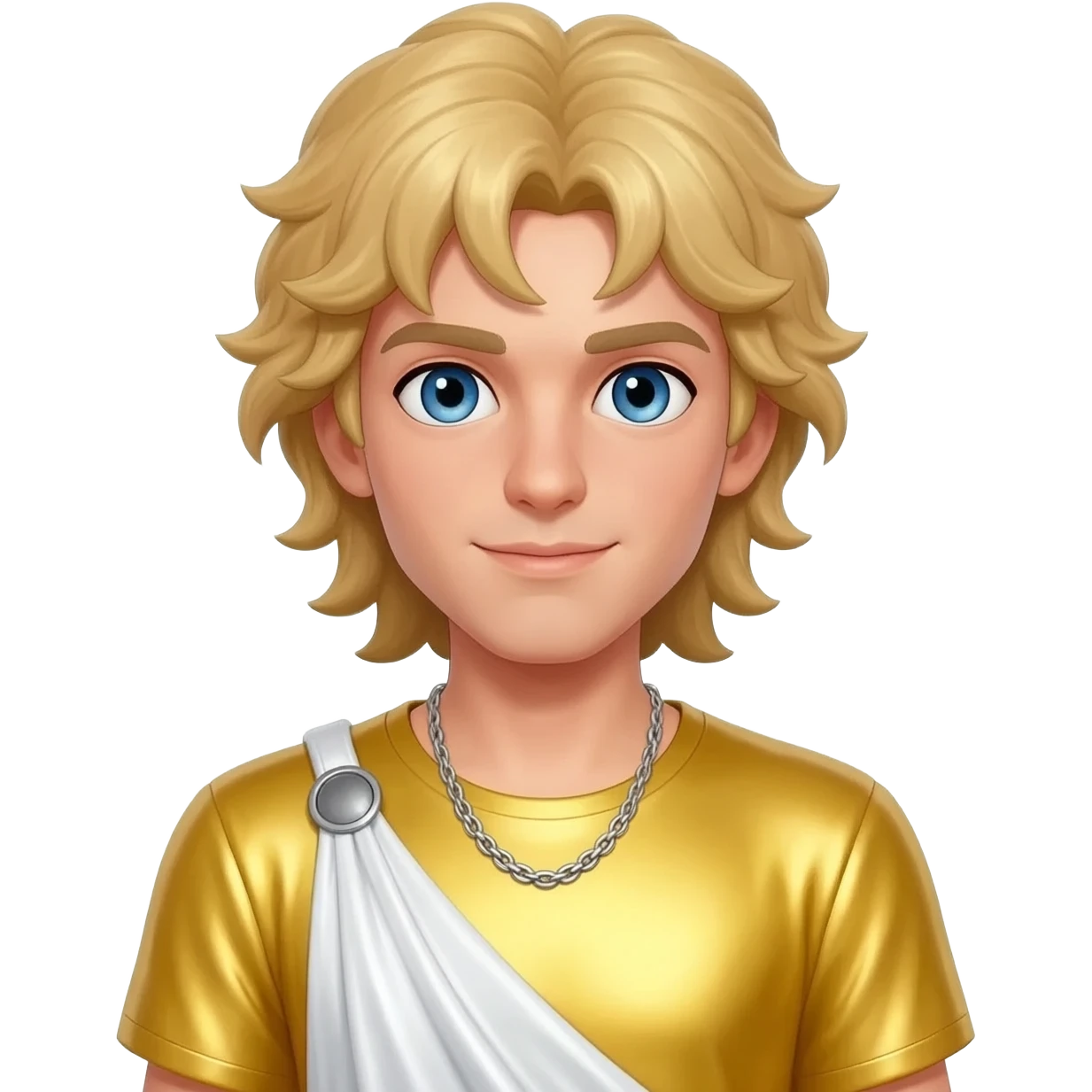 Apollo from Greek Mythology with blue eyes, long blonde hair, yellow metallic shirt, white metallic baggy pants, silver necklace emoji