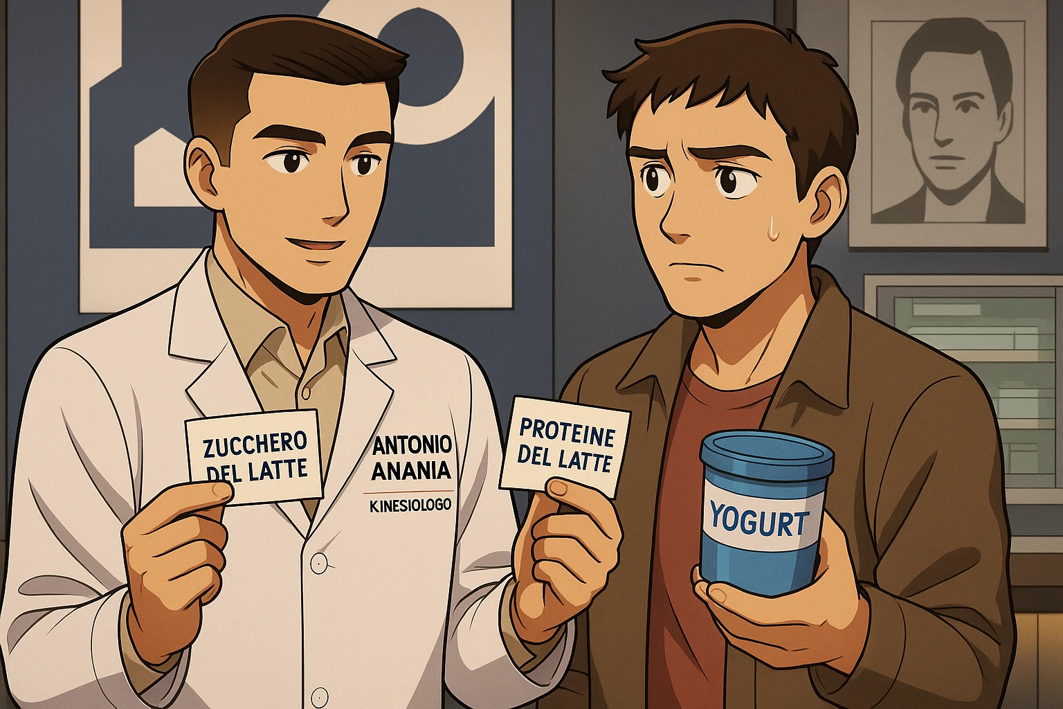 fai un webtoon manga a colori con questo stile, in cui un uomo ASCOLTA Il kinesiologo con il camice bianco (fagli anche la scritta "ANTONIO ANANIA" SUL CAMICE, IL KINESIOLOGO SPIEGA ALL'UOMO UNA COSA TENENDO DUE FOGLIETTINI IN MANO, UNO CON LA SCRITTA "ZUCCHERO DEL LATTE" E UNA CON LA SCRITTA "PROTEINE DEL LATTE". L'UOMO OSSERVA LO YOGURT CHE HA IN MANO CON ESPRESSIONE DUBBIOSA IN VOLTO. non fare i fumetti però, fai solo in modo che sembri stiano parlando emoji