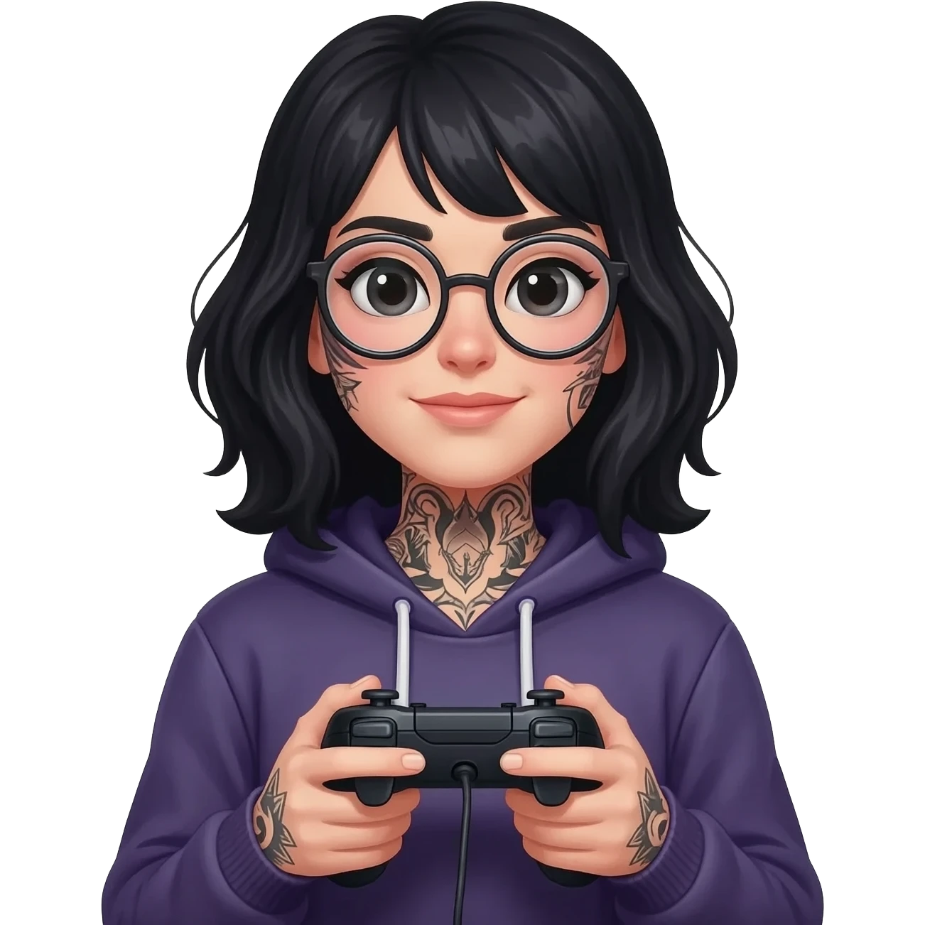 A black haired woman with tattoos, is a nerd and a gamer emoji