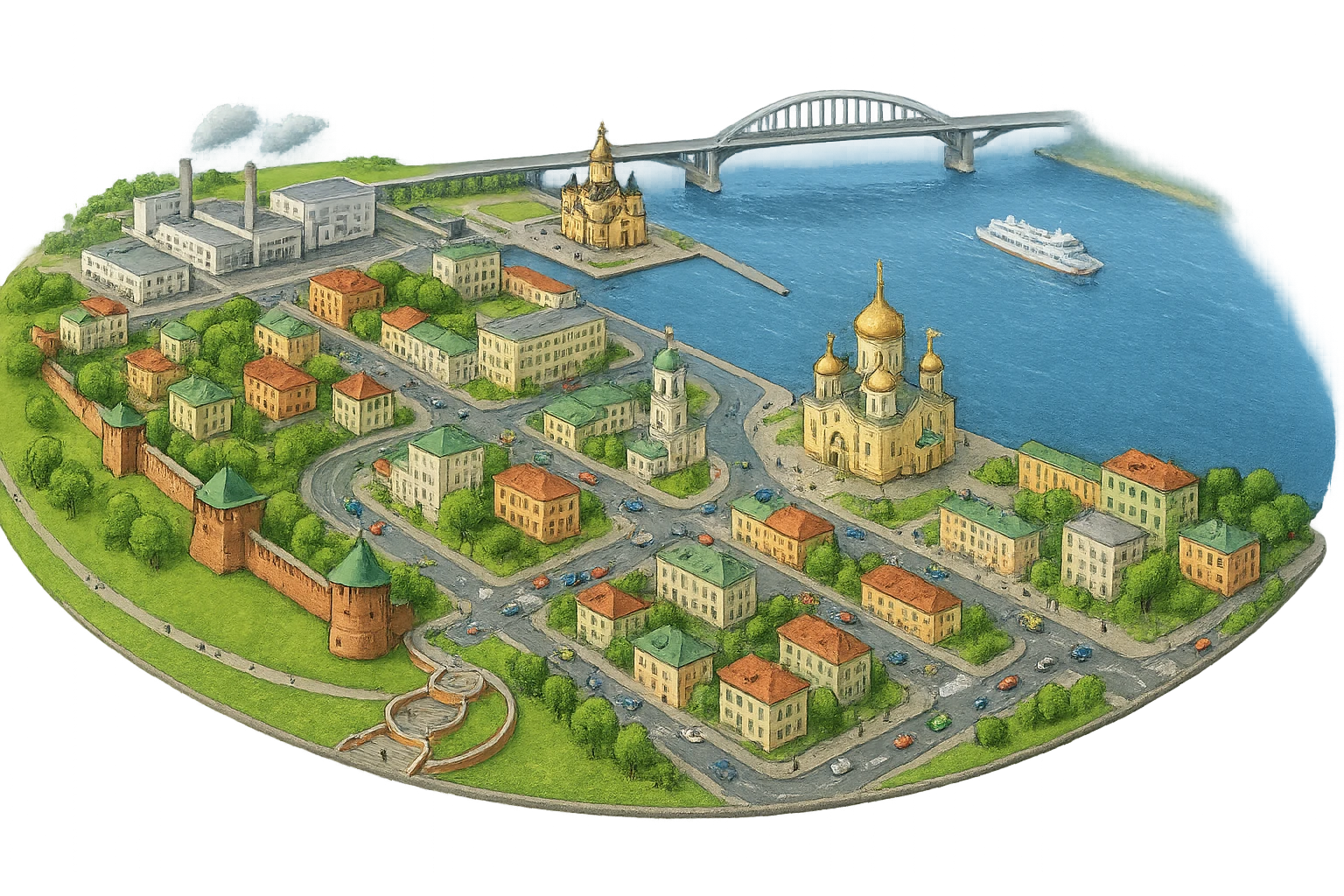 Изометричная миниатюрная фотореалистичная 3D модель панорамы Нижнего Новгорода - Нижегородский Кремль, Стрелка между Окой и Волгой, ГАЗ, Чкаловская лестница, Борский Мост через Волгу, нижегородские дома, автотранспорт четкие линии, яркие цвета, мультяшный реализм, люди, автотранспорт, компактная композиция, вид сверху в изометрии, прозрачный фон emoji
