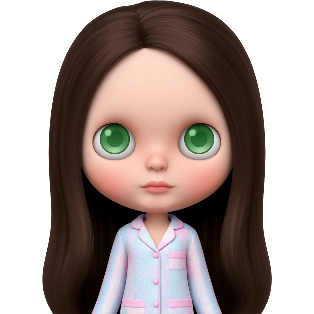 Make me an emoji that is wearing pajamas maker her a Blythe doll type emojiMake her hair longer Make her hair darker Make her hair a darker brown give her pale skin Maker more peach white pale Get rid of the rosiness in her cheeks and make her eyes green Make her eyes a lighter green emoji