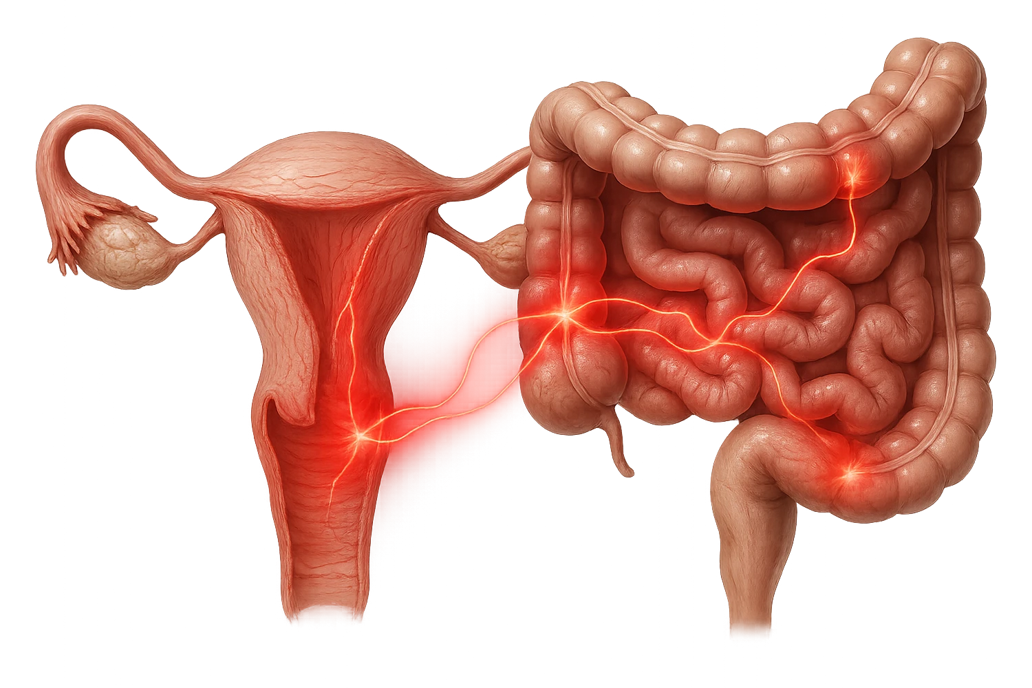 utero umano anatomico iperrealistico e intestino umano anatomico iperrealistico hanno in comune il dolore e l'infiammazione, rendi bene il collegamento tra i due organi doloranti emoji