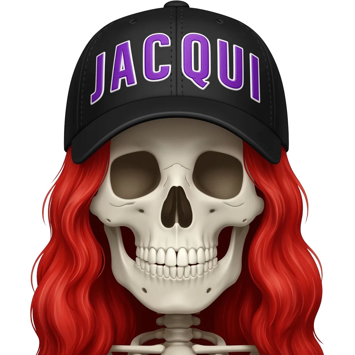 Create a skeleton head wearing a black baseball cap that says " J A C Q U I " in purple, and white lettering, with long red hair emoji