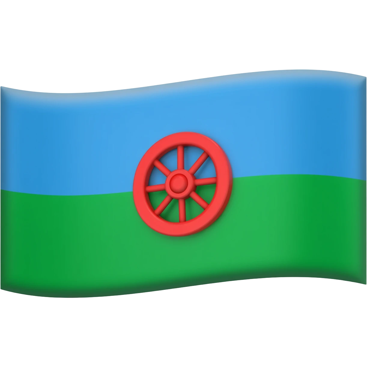 drapeau bande verte en desous bande bleu clair au dessus et roue de roulotte rouge au milieu emoji