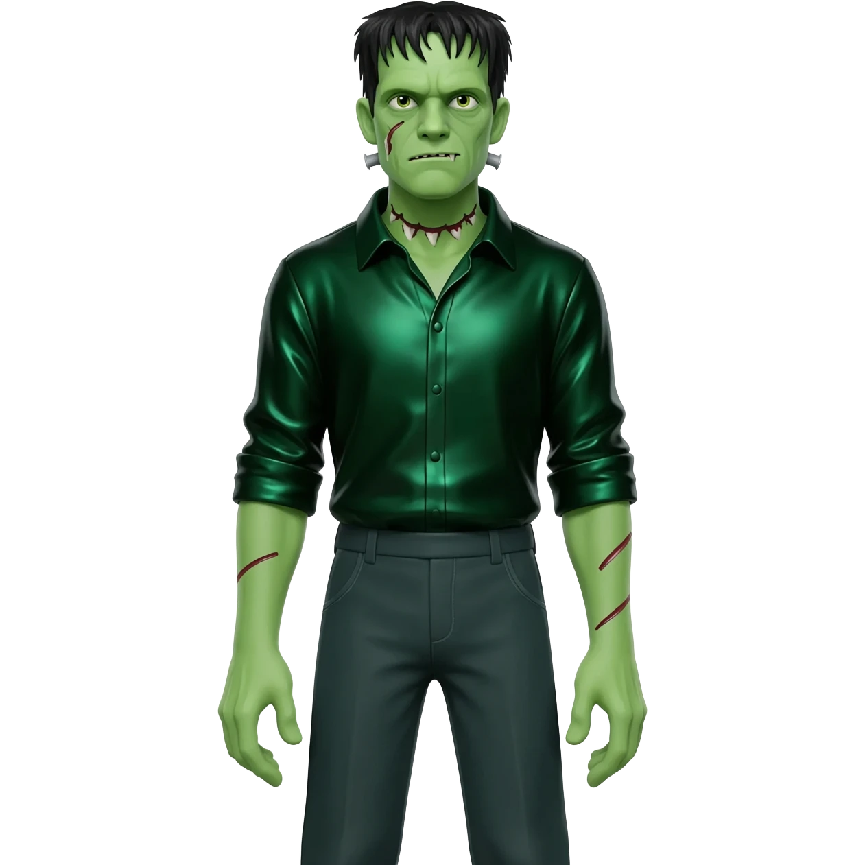 Frankenstein's Monster from Universal Monsters with black hair, dark green metallic shirt, dark green metallic baggy pants emoji