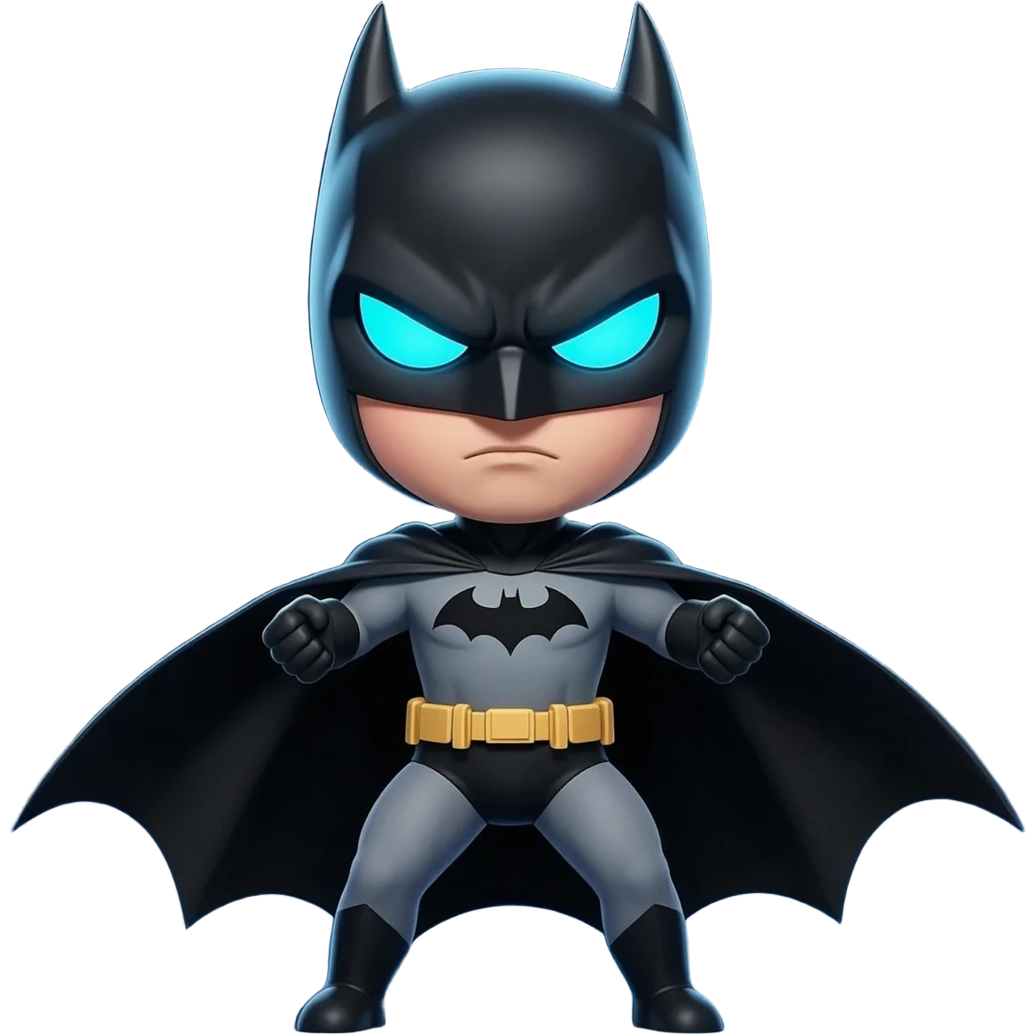 Cute Batman striking a dramatic hero stance with chest forward, glowing blue eyes, arms slightly raised, standing confidently against a dark blue gradient background, cinematic lighting emphasizing power and intimidation. emoji