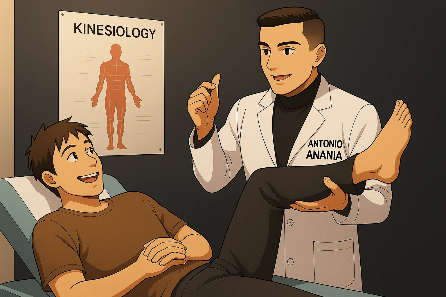 su questo lettino rappresenta un webtoon manga a colori con questo stile, in cui un uomo è steso sul lettino medico e il kinesiologo con il camice bianco (fagli anche la scritta "ANTONIO ANANIA" SUL CAMICE, gli solleva una gamba per fargli il test neuromuscolare, IL KINESIOLOGO SPIEGA ALL'UOMO UNA cosa mentre gli alza la gamba. l'espressione dell'uomo è felice e soddisfatta, non fare i fumetti però, fai solo in modo che sembri stiano parlando emoji