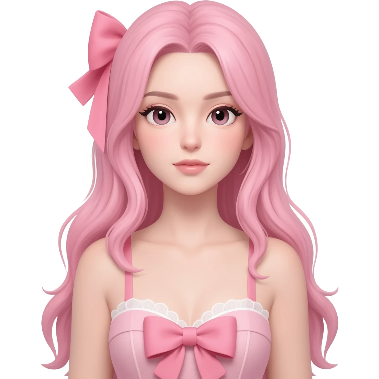 Long pastel pink hair tied with a bow, wearing a sexy dress with a bow on the chest, and very fair skin. emoji