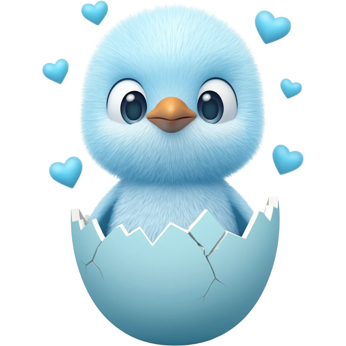 Fluffy light blue baby penguin surrounded by hearts while hatching out of an egg emoji