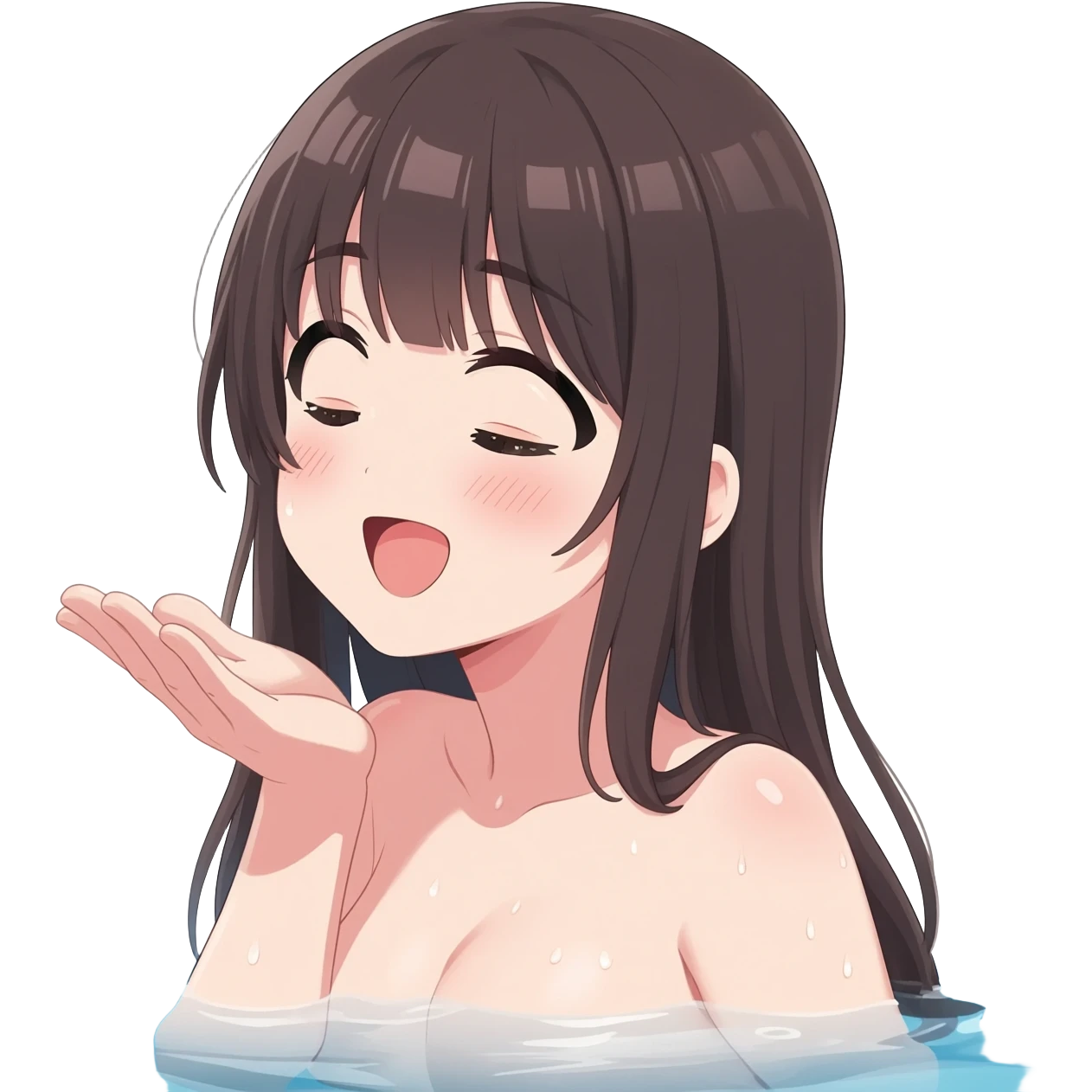 Anime girl long hair bathingand gives flying kissblushes and giggles complete nude   body emoji
