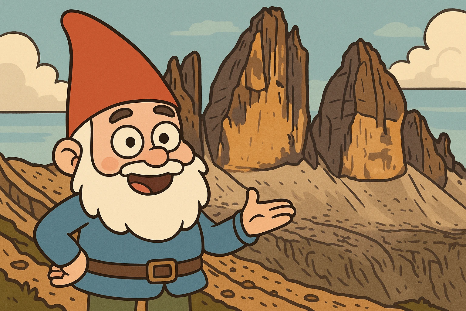 cute gnome with a red hat, posing before the dramatic Tre Cime di Lavaredo peaks in the Dolomites, cartoon style emoji
