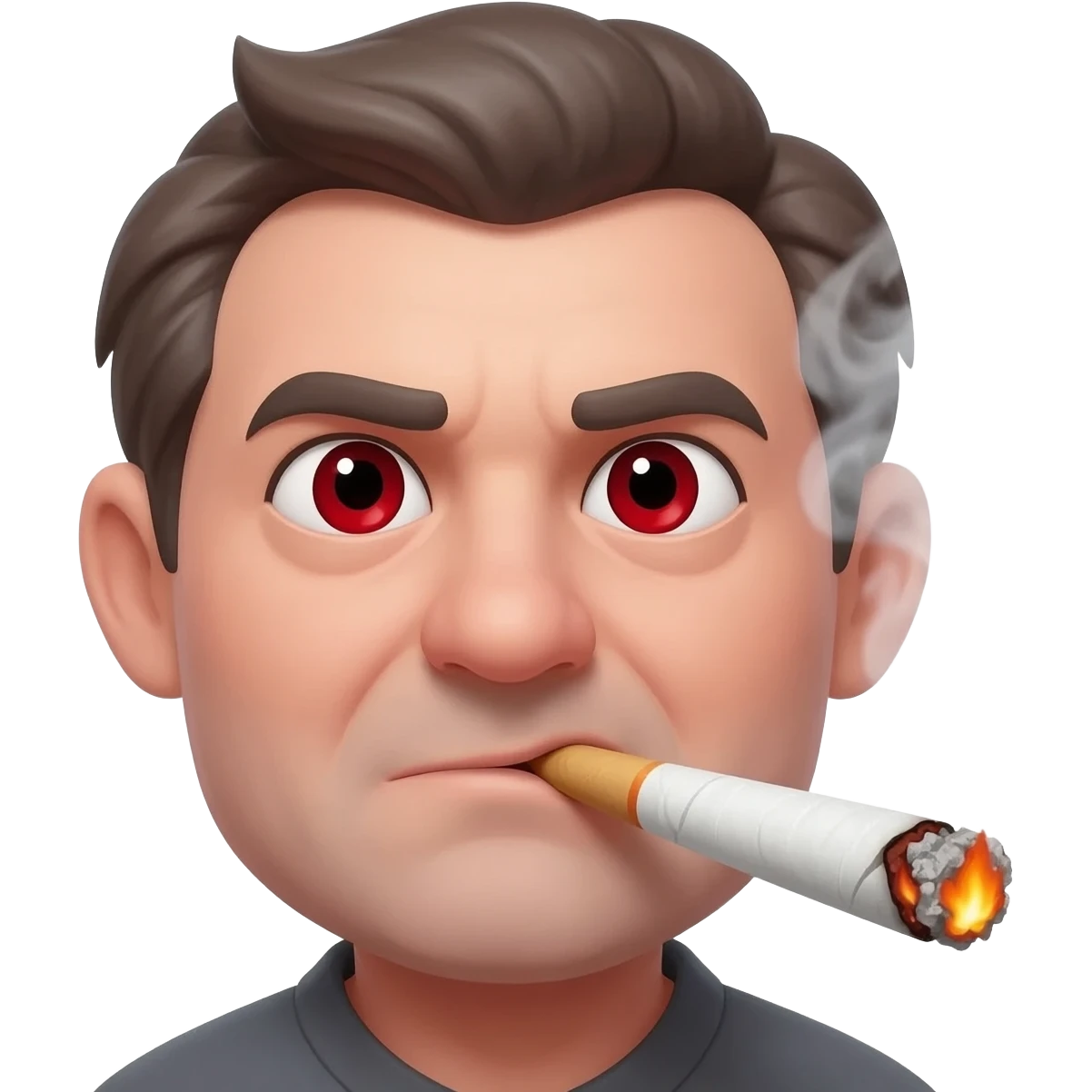 Chubby goofy looking middle aged  white guy with dark brown, but graying hair and bloodshot eyes, Smoking A SUPER HUGE white doobie with orange and ash with hot ash and smoke rising off of it emoji