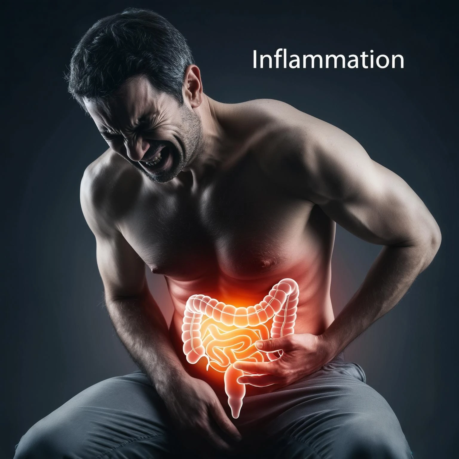 man sitting, bent forward with one hand on abdomen, expression of discomfort, intestine highlighted with visual effects of inflammation, inspired by reference photo, Luma Photon style emoji