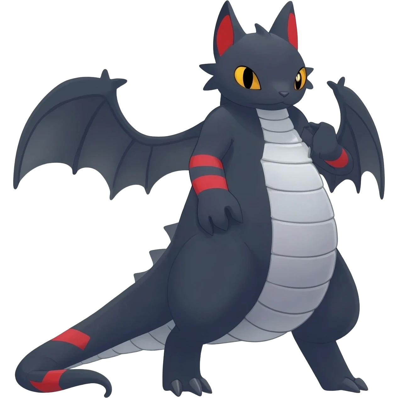 midnight blue-gray-black, with red markings, white belly, scaley Bastet-Noibat-Gatomon-Garchomp-Digimon-Fakémon-Pokémon-creature (full body) emoji