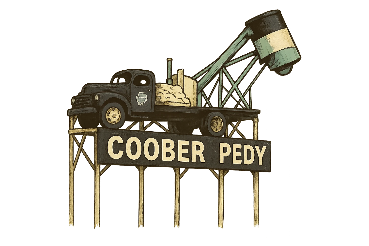Такая же картинка с надписью Coober Pedy в слегка рисованном, но при этом объёмном стиле, прозрачный фон emoji