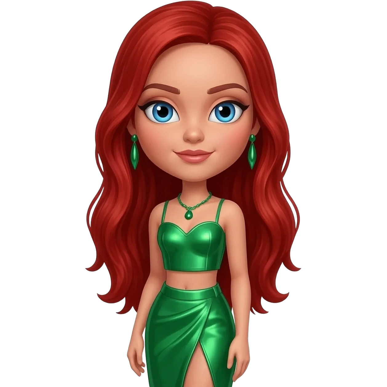 Meygan from Bratz with light skin, sapphire blue eyes, long red hair, green metallic sweetheart crop top, green metallic assymetrical long skirt, green necklace and earrings emoji