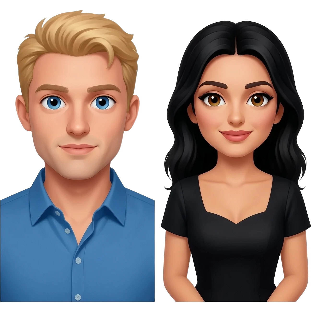 Draw a sweet, blonde, blue-eyed man wearing only a blue shirt and no accessories, and a Kurdish woman with black hair wearing a black dress and no accessories. emoji