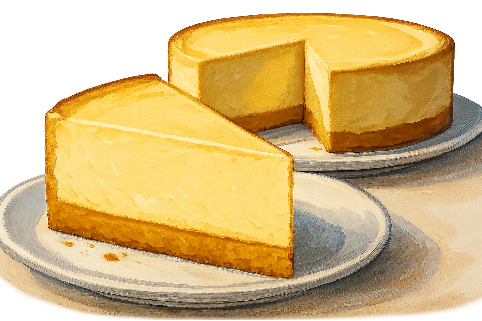 В слегка рисованном, но при этом ярком и объемном стиле с четкими линиями составь фотореалистичную композицию, где лежит кусок чизкейк, вырезанный из целого торта, профессиональный свет, подчеркивающий объем, сделай картинку более широкой, прозрачный фон emoji