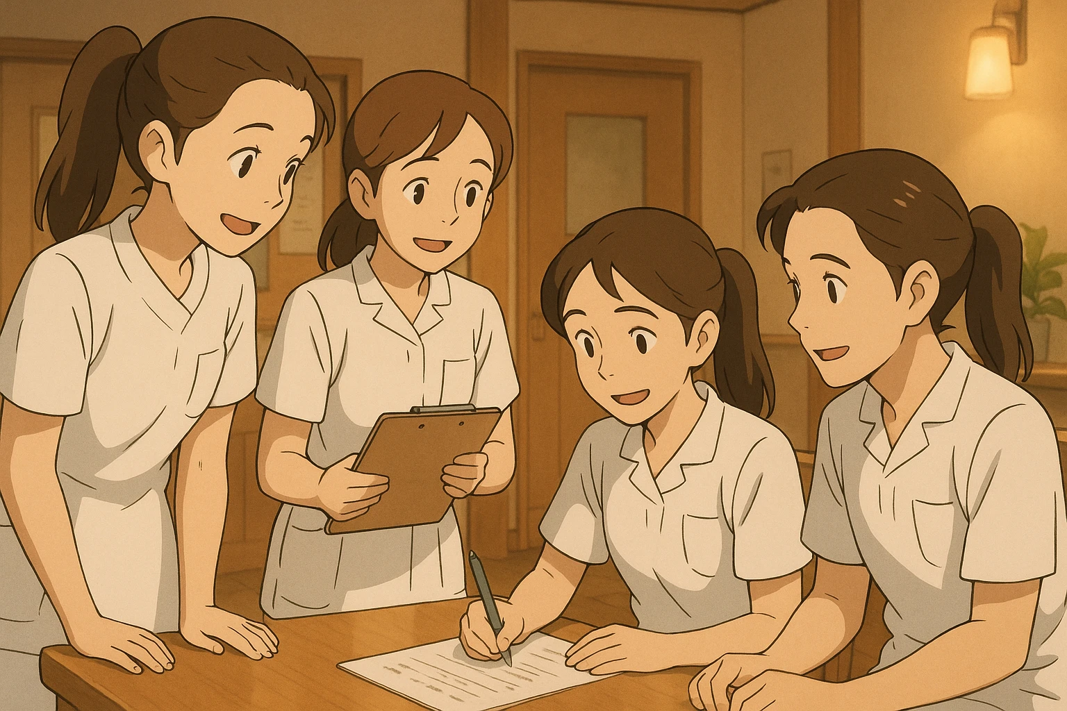 Quatre étudiants infirmiers, style Ghibli, travaillant ensemble à l'intérieur, tenues blanches à manches courtes, hauts type tunique médicale col en V, poche poitrine à gauche, pas de pied de col, pas de stéthoscopes, avant-bras nus, cheveux longs attachés. Interaction visible, décor intérieur de centre de soins. emoji