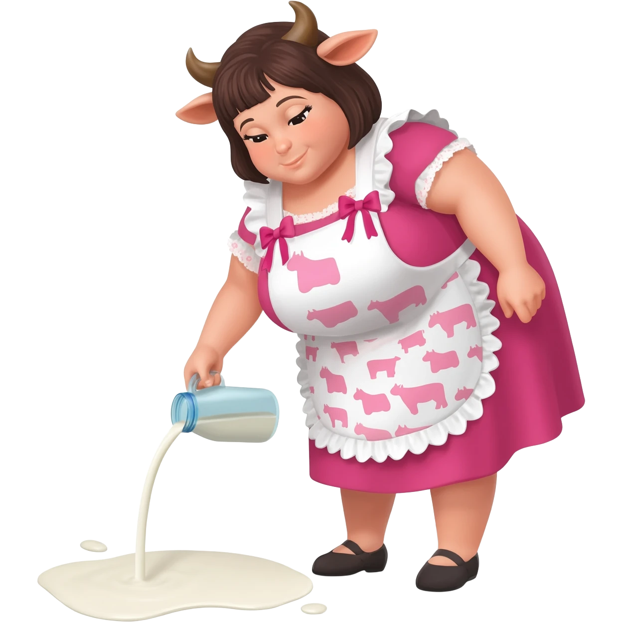 big fat woman with cow horns and cow ears in cute apron with pink cow print and ribbons pours milk on the floor emoji