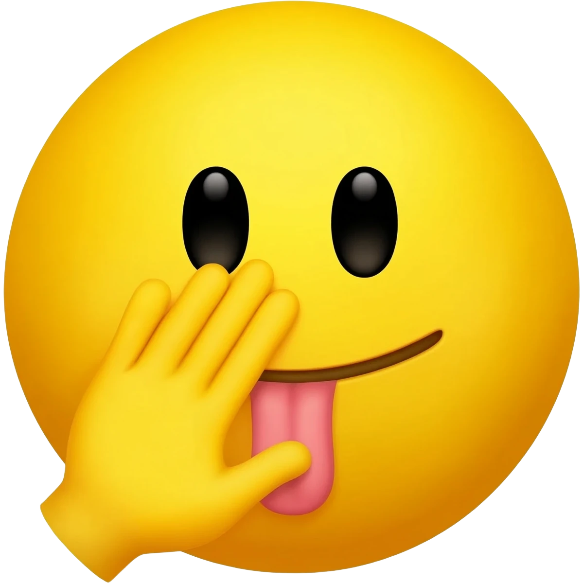 Make a emoji the is like a classic iPhone emoji so it is yellow and make it so the emoji is telling a secret so the hand is right next to the mouth but make the tongue stick out and make the head a circle with no body and the hand is open turned to the side emoji