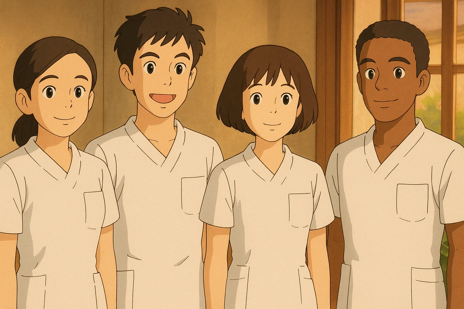 four nursing students standing side by side, inspired by four provided faces, wearing white short-sleeve outfits with V-neck, left chest pocket, no collar, no undershirt, no stethoscope, warm indoor ambiance, Ghibli style emoji
