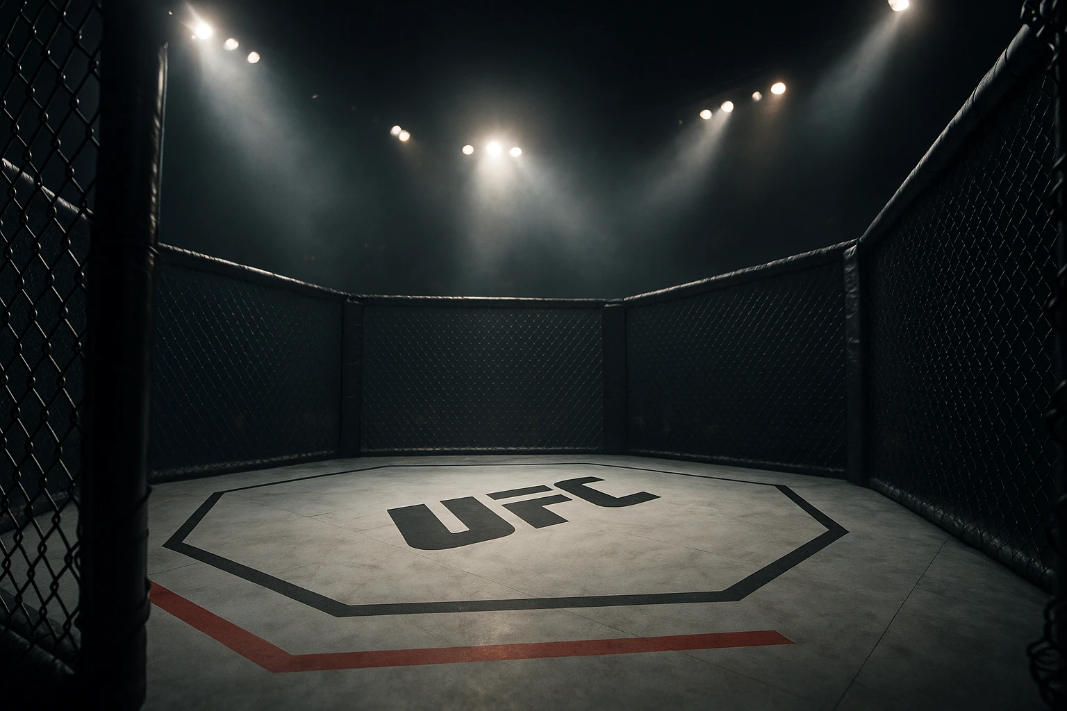 UFC octagon with fence, dynamic perspective, dramatic lighting emoji