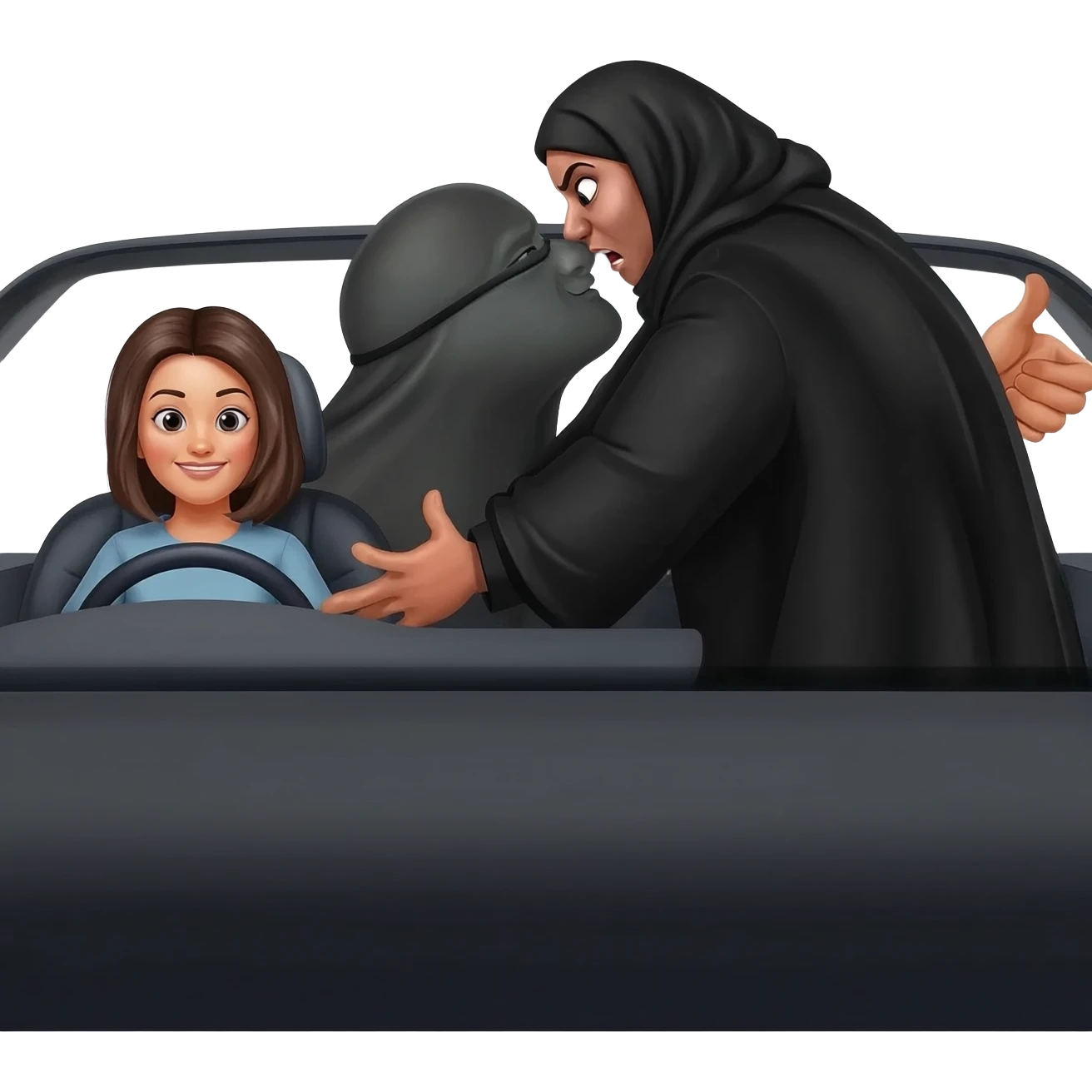 une grosse femme dominatrice avec burca noir baise, hurle et insulte un jeune conducteur assis a cote d elle assise dans la voiture emoji