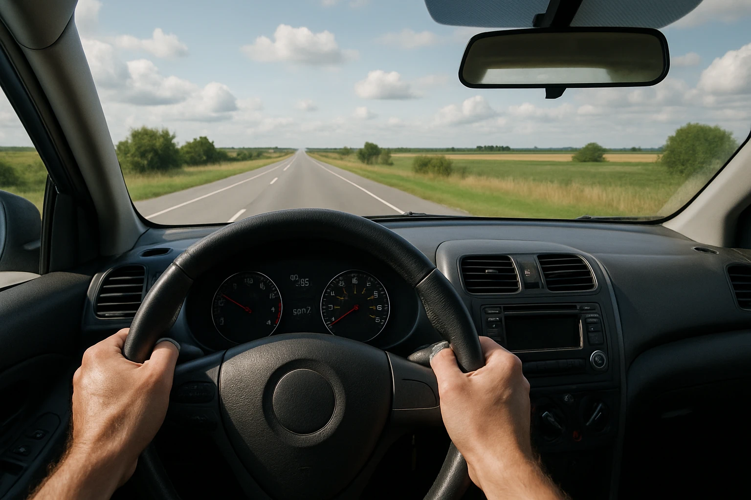 first person view of driving a car, hands on steering wheel, dashboard visible, road ahead, immersive perspective emoji