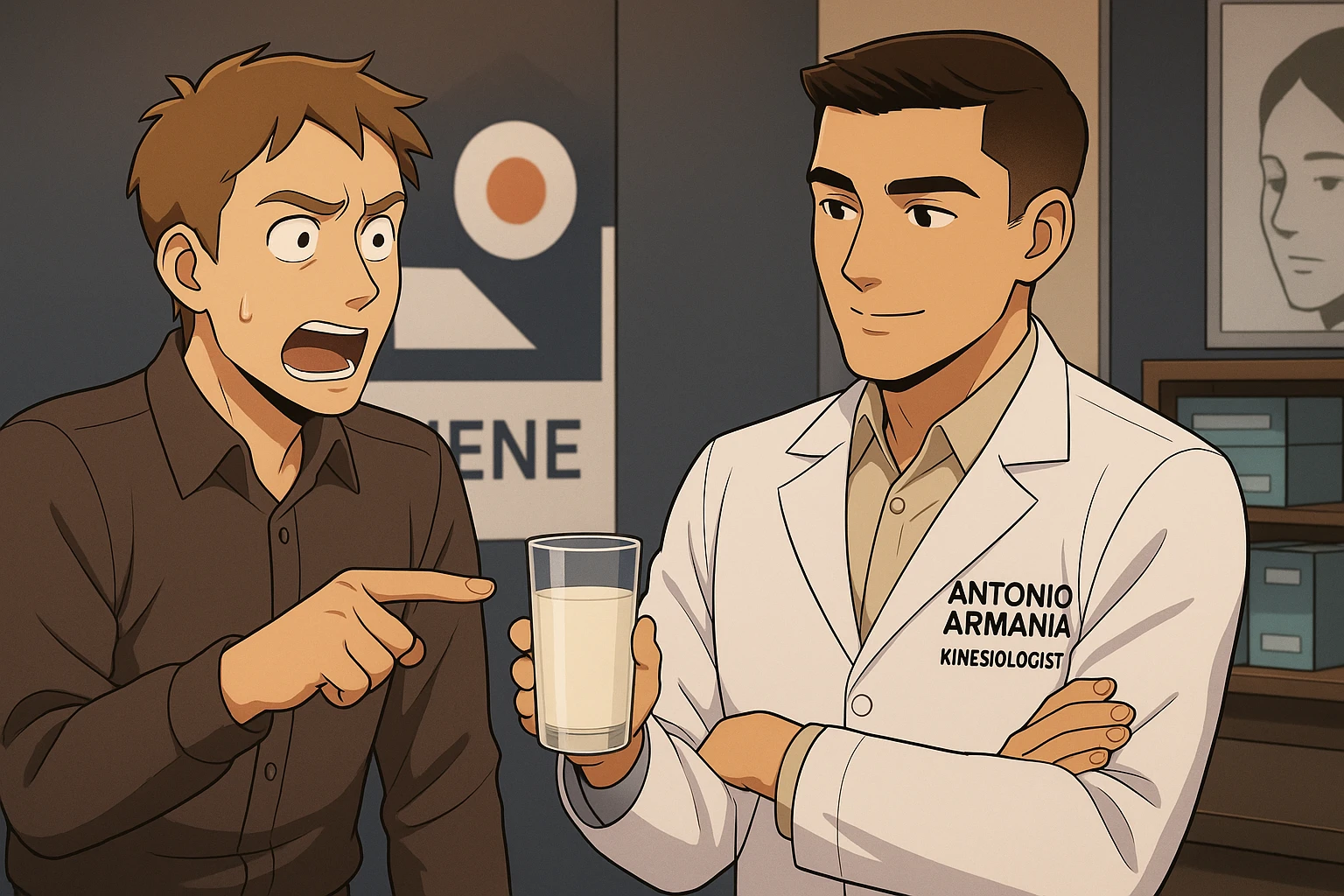 fai un webtoon manga a colori con questo stile, in cui un uomo chiede al kinesiologo con il camice bianco (fagli anche la scritta "ANTONIO ANANIA" SUL CAMICE, una domanda e il kinesiologo gli risponde, L'UOMO INDICA IL BICCHIERE DI LATTE CHE HA IN MANO ED è MOLTO ALLARMATO NEL FARE LA DOMANDA. non fare i fumetti però, fai solo in modo che sembri stiano parlando emoji