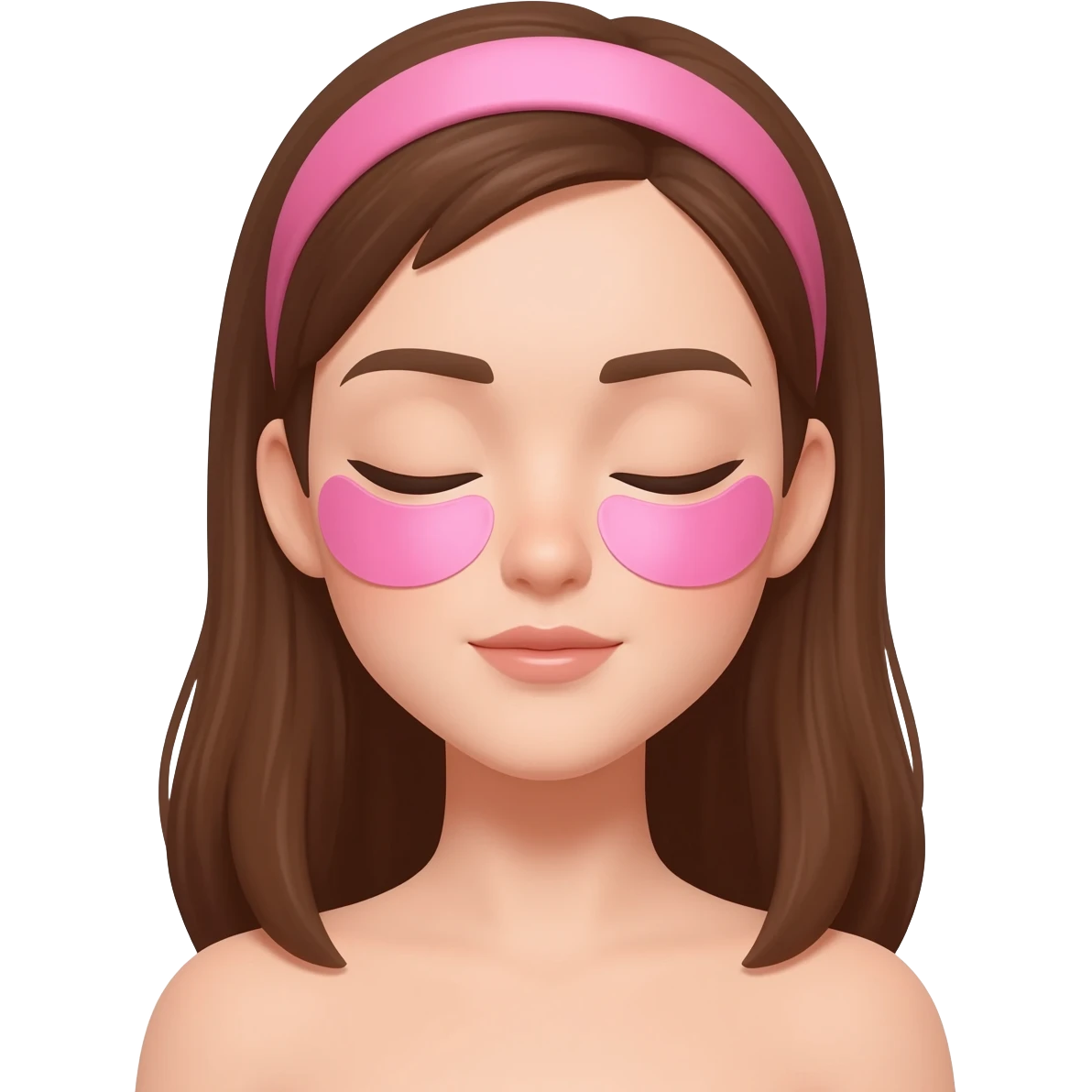 Brown hair woman, eyes closed, calm, pink headband, pink eye patches, glossy skin, 3D emoji style, white background emoji