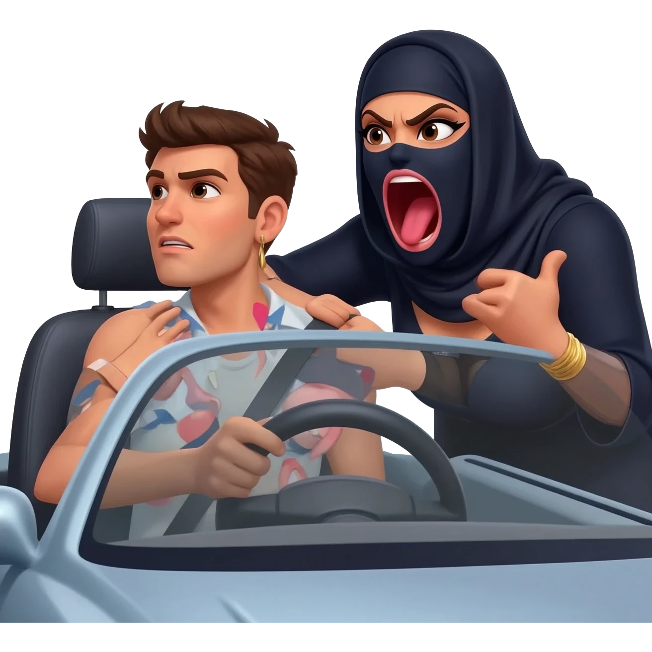 grosse dominatrice burca qui baise, hurle et insulte un jeune homme conducteur dans sa voiture emoji