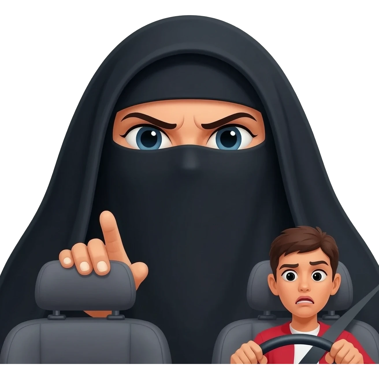 une grosse femme dominatrice avec burca noir hurle et insulte un jeune conducteur assis a cote d elle assise dans la voiture emoji