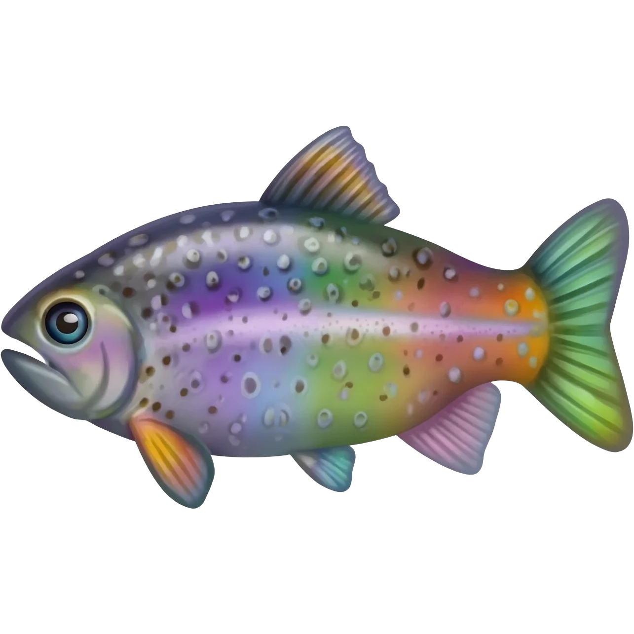 whole rainbow trout fish with spots facing left bright purple blue green yellow white emoji