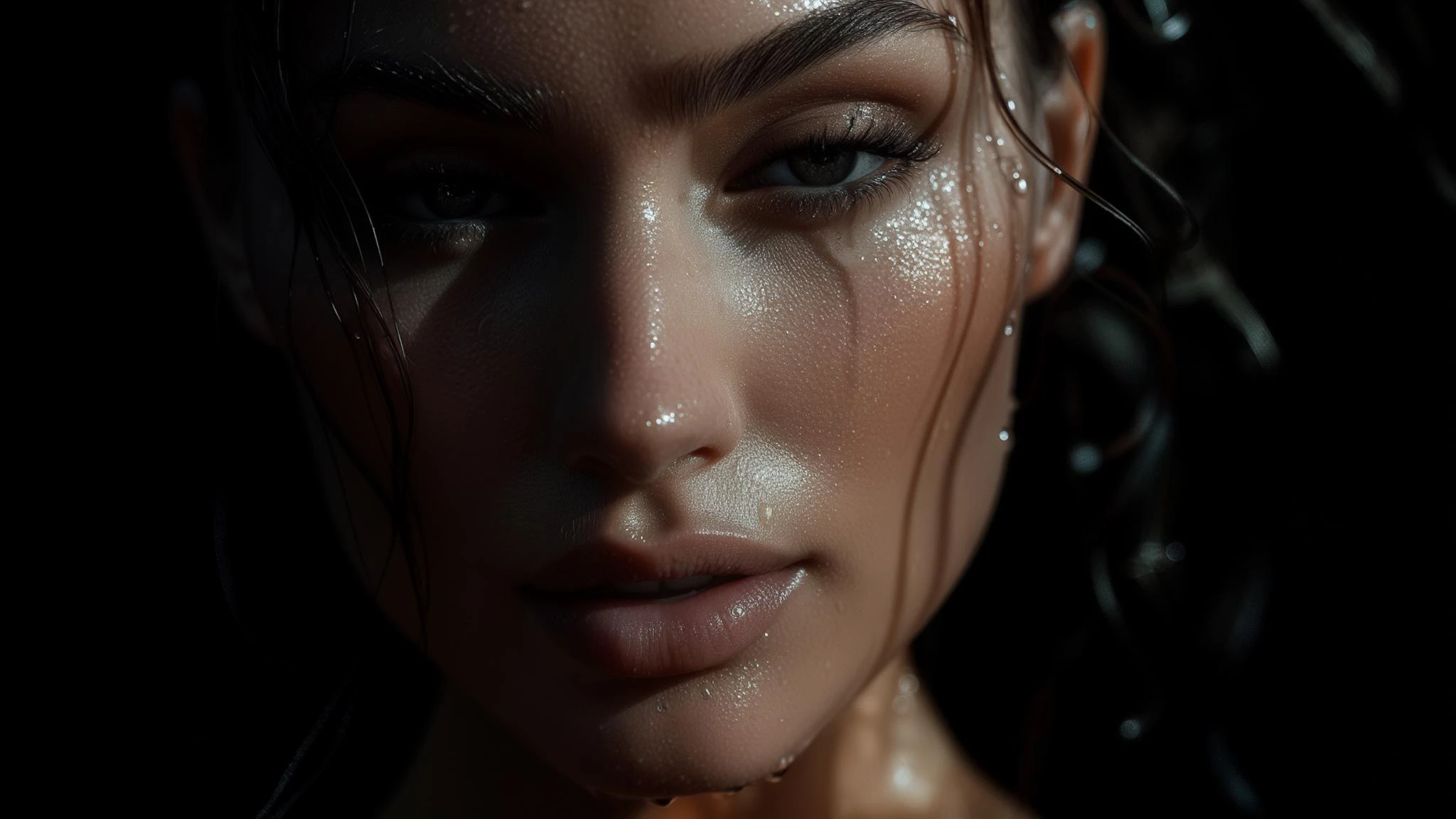 Extreme Closeup photo of a beautifull woman, water light reflection on face, low key light, cinematic light, 8K, very detailed, sharp emoji