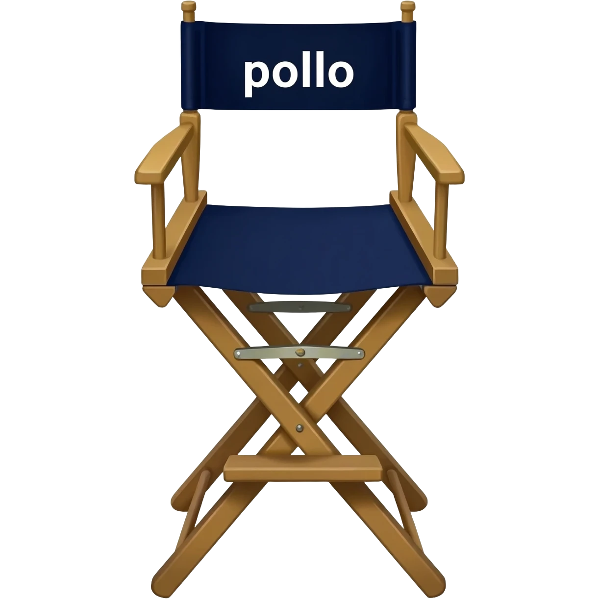 angled view of a  tall  directors chair with the word "pollo" on the back emoji