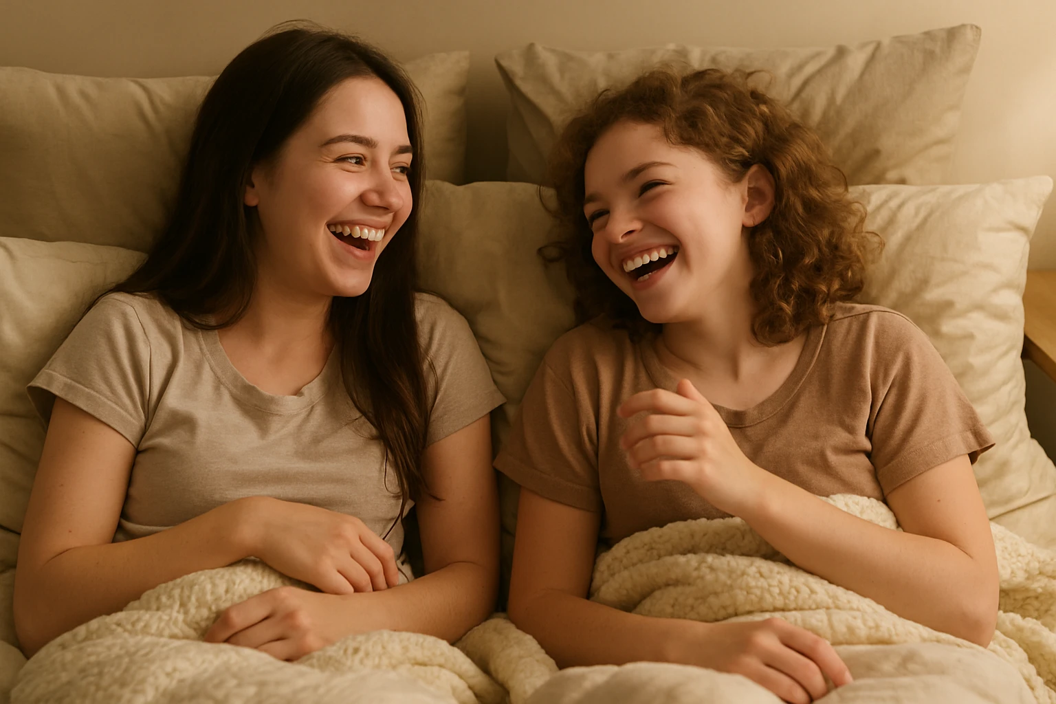 two girls in bed, laughing and talking, playful, pillows and blankets, relaxed vibe emoji