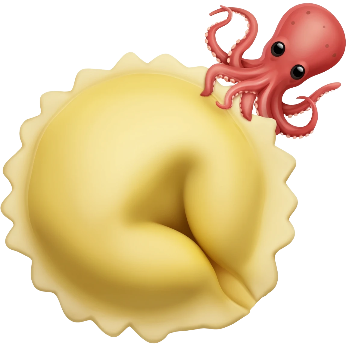 un solo tortellino, quelli rotondi, con un polipetto vicino in stile acrtoon anime simpatico emoji